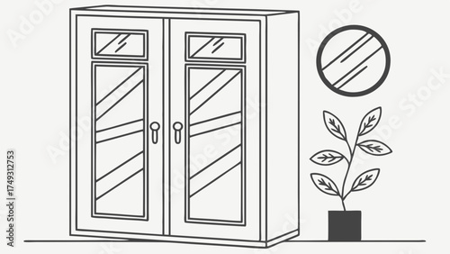 Minimalist Line Art Mirrored Storage Cabinet with Potted Plant and Round Mirror for Home Decor Interior Design and Furniture Websites