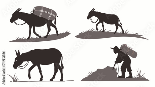 Manual Labor and Traditional Transport Silhouettes Donkeys and Man Carrying Heavy Loads Representing Effort Perseverance and Supply Chain Challenges Graphic