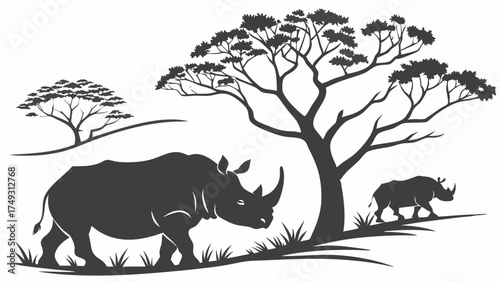 African Rhinos Silhouette Safari. Majestic Wildlife in Savanna Landscape. Conservation Design for Travel, Nature Education, and Environmental Awareness.
