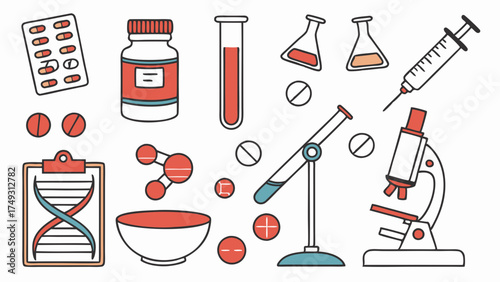 Healthcare Medical Science Research Tools Flat Vector Illustration. Pharmacy Laboratory Equipment for Biology Chemistry Education. DNA Pills Syringe Microscope