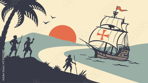 Historical Sailing Ship Arriving at Tropical Island Coast. Explorers Discovering New World at Sunset. Adventure, Discovery, and Business Opportunity Journey.