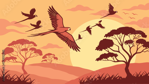 Parrots Flying Over African Savanna Sunset. Tranquil Vector Illustration for Travel, Nature, Wildlife, and Educational Design.