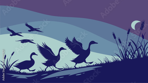Wild Geese Flying and Walking Silhouette in Tranquil Wetland at Dusk with Moon Nature Migration Journey for Outdoor Wildlife Design
