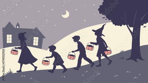 Silhouette Illustration of Children in Halloween Costumes Trick or Treating at Night. Festive Autumn Holiday Fun for Family Marketing and Web Design