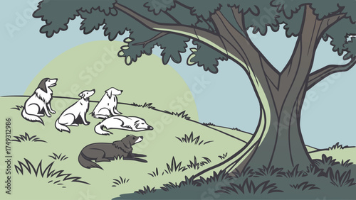 Diverse Group of Dogs Resting Under Shady Tree on Grassy Hill Illustration for Teamwork Leadership and Pet Community
