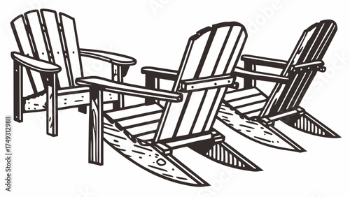 Three Adirondack Chairs Line Art for Summer Relaxation, Outdoor Living, and Vacation Getaways. Resort and Patio Furniture Design.
