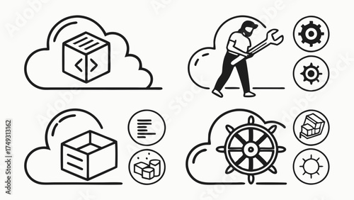 Cloud Computing Icons: Software Development, DevOps Engineering, IT Operations, Infrastructure Management, and Automation for Digital Transformation.