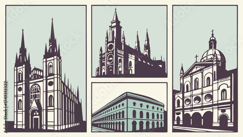 Retro Comic Book Style Architecture Illustrations. Historic European City Landmarks for Travel, Culture, and Education Web Design and Print Media.