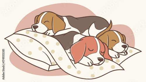 Beagle Puppies Sleeping Peacefully on Cozy Pillow Adorable Pet Dogs Resting for Comfort Relaxation and Sweet Dreams Illustration