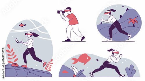 People Using VR Headsets for Immersive Virtual Reality Gaming Fitness and Metaverse Digital Experiences