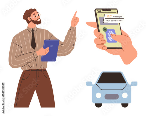 Businessman holding tablet, hand accessing car via smartphone code, blue car in view. Ideal for technology, security, business, innovation, mobility digital integration modern lifestyle. Simple