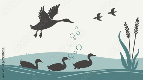 Flying Duck Leading Ducklings Swimming in Peaceful Pond. Nature Wildlife Family Journey Illustration for Education, Children's Books, and Web Design.