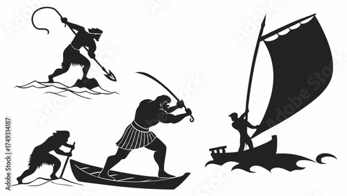 Ancient Silhouettes Seafaring Adventure Epic Journey Overcoming Challenges Determination Strength Classical Storytelling Illustration for Education and Business