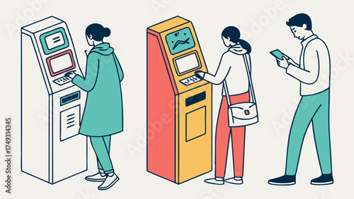 Isometric People Using Self Service Kiosks For Digital Transactions And Payments. Modern Customer Experience And Efficient Public Service.