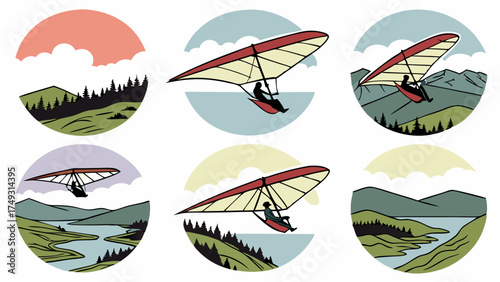 Hang Gliding Flying Adventure Icons Set for Outdoor Sports Travel Tourism Marketing Web Design Nature