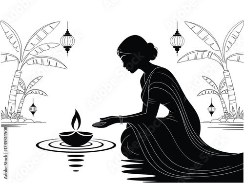Silhouette of a woman in a sari lighting a diya with banana trees and hanging lanterns in the background