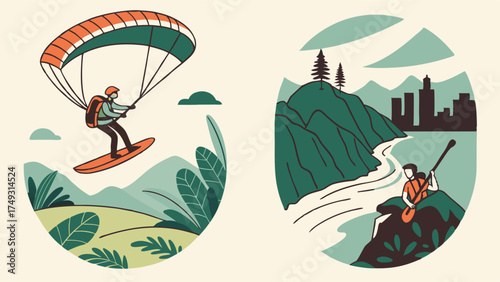 Thrilling Outdoor Adventure Travel and Recreation Illustration with Paragliding and Kayaking