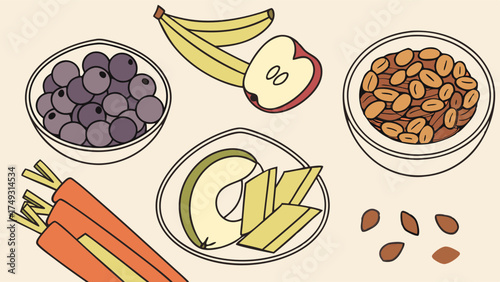 Fresh Healthy Snacks Ingredients Flat Lay Illustration With Fruits Vegetables Nuts And Seeds For Clean Eating Nutrition Wellness Diet