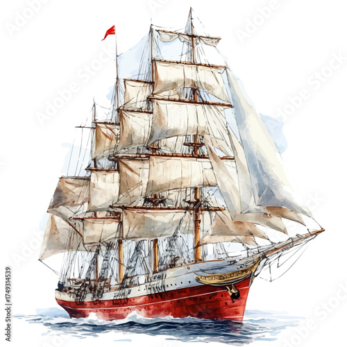 Clipper Ship, watercolor vector, isolated on a white background.
