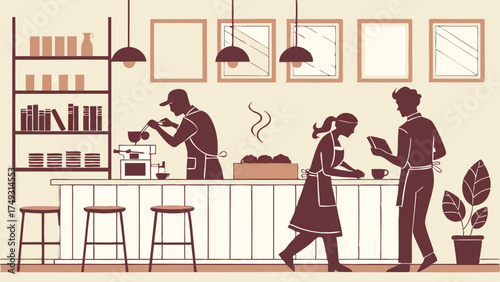 Cafe Staff Team Working Behind Counter Barista Preparing Coffee and Food Efficient Small Business Hospitality Service Illustration