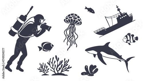 Underwater Scuba Diver and Marine Life Vector Icons Set with Shark Jellyfish Shipwreck Coral Silhouettes for Ocean Exploration Design