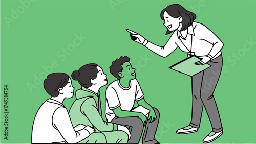 Smiling Female Teacher Guiding Diverse Students in a Positive Learning Environment. Youth Education, Mentorship, and Group Discussion Illustration.