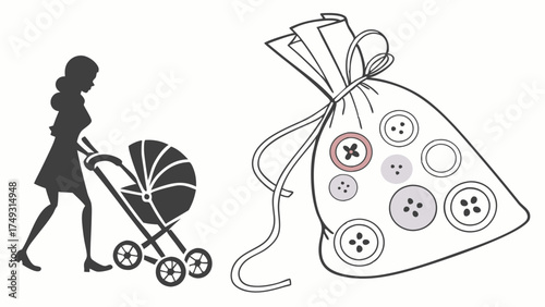 Mother Pushing Baby Stroller and Bag of Buttons Symbolizing Parenting Choices. Family Planning, Life Decisions, and Future Options Graphic.