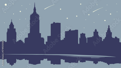 Futuristic City Skyline Silhouette Reflecting in Water at Night with Stars and Shooting Stars Vector Illustration for Modern Business and Tech Design