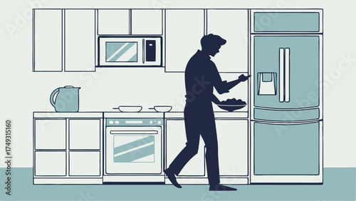 Man Storing Healthy Meal in Modern Kitchen Refrigerator for Efficient Home Cooking and Daily Food Prep