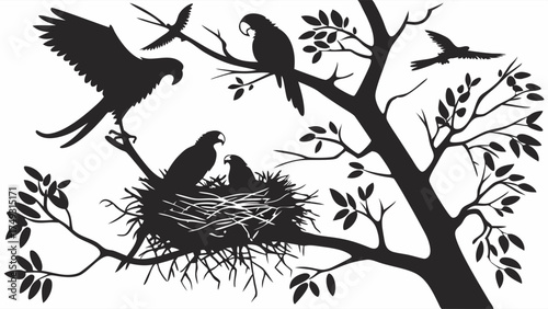Bird Family Silhouette Nesting in Tree with Chicks Peaceful Nature Conservation and Wildlife Education Graphic for Web and Print Design