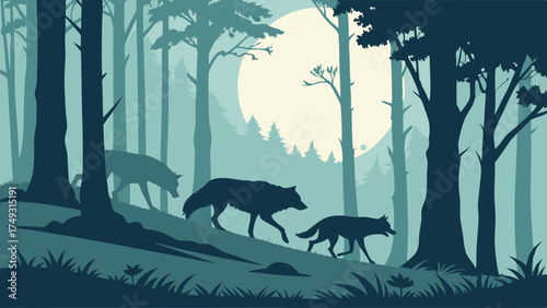 Three Wolves Walking Through Moonlit Forest Silhouette. Wilderness Nature Landscape for Wildlife Conservation, Teamwork and Leadership Journey.