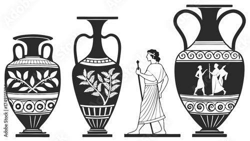 Ancient Greek Black Figure Pottery Vases and Classical Man. Historical Art for Education, Cultural Heritage, and Mythology Design.