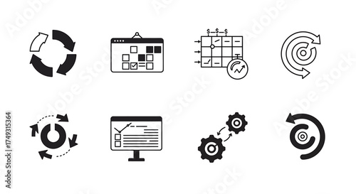 A collection of eight black and white icons related to cycles planning and process improvement