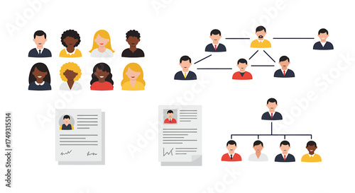 Collection of business icons diverse people profiles org charts and resumes