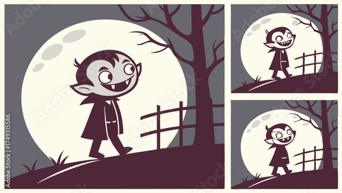 Retro Cartoon Vampire Walking Under Full Moon for Halloween Kids Party Invitation and Spooky Season Marketing