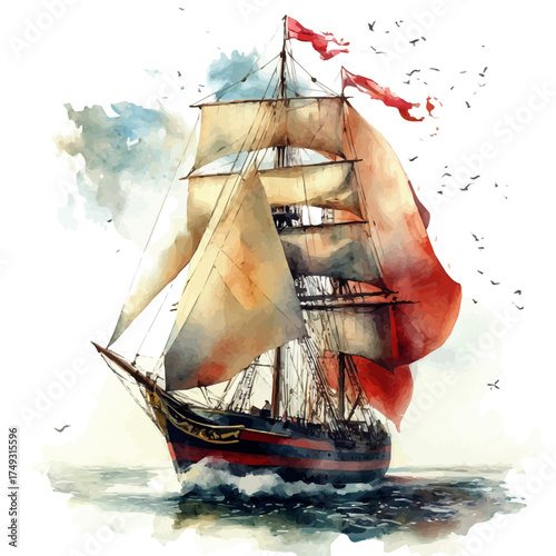 Clipper Ship, watercolor drawing vector, isolated on a white background.