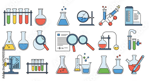 Collection of colorful outlined icons depicting various laboratory glassware and scientific apparatus