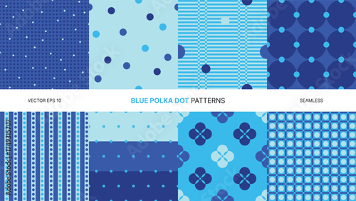 Seamless vector patterns with light blue navy aqua polka dots floral geometric retro style backgrounds stripes circles vintage abstract design fabric textile wallpaper wrapping paper creative decor