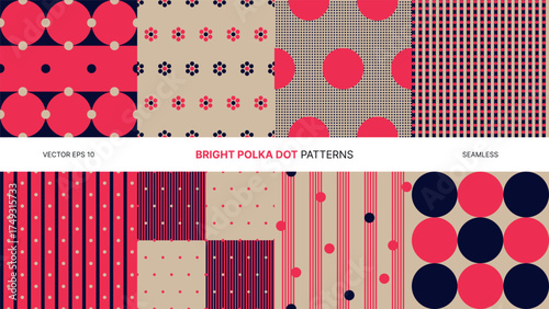 Seamless vector patterns with bright polka dots in red navy beige vivid modern retro style abstract decorative design for backgrounds textiles wrapping paper digital prints graphic templates
