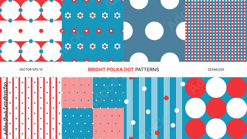 Seamless vector patterns with bright polka dots in blue red white, playful colorful design, geometric circles stripes floral motifs, vibrant gift wrap scrapbook textile paper background set
