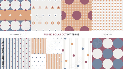 Rustic seamless vector patterns with polka dots, vintage color tones, geometric circles, striped and floral motifs, textured backgrounds, ideal for fabric, wrapping, digital paper, scrapbooking crafts
