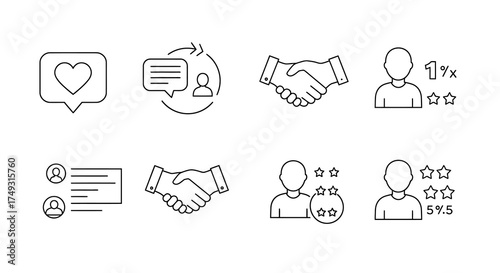 Eight line icons arranged in two rows of four featuring social business and rating symbols