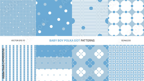 Seamless vector patterns with blue polka dots and flowers, decorative background for baby boy textile, wrapping paper, nursery wallpaper, soft pastel dotted design for kids fabric, cute playful style