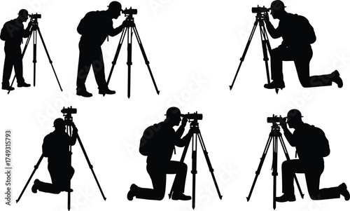 Silhouette vector illustration of photographers with tripods in multiple postures, capturing outdoor scenes, professional camera operators, creative photography concept