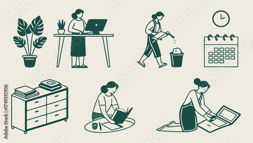 Woman Working Remotely, Studying, and Managing Home Tasks. Daily Routine, Productivity, and Work Life Balance Illustrations for Web Design.