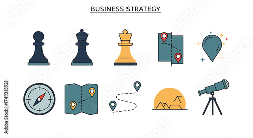 Flat illustration icons for business strategy including chess pieces maps compass and telescope