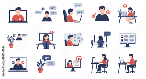 Flat design icons illustrating various remote work video conferencing and online communication scenarios