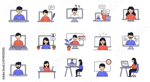 Flat illustration set of people participating in video calls via laptops and monitors