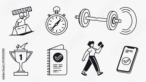 Fitness and Achievement Icon Set Strength Training Goal Progress Workout Planning Success Tracking Healthy Lifestyle Motivation