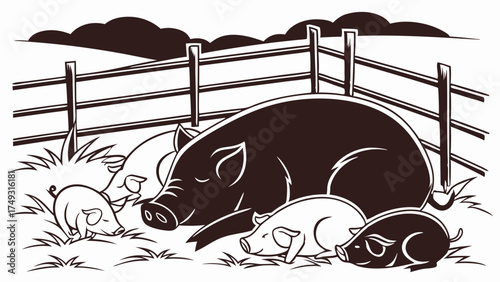 Sleeping Mother Pig and Piglets on Farm. Black and White Illustration for Agricultural Business, Livestock, Farm Animals, and Family Content.